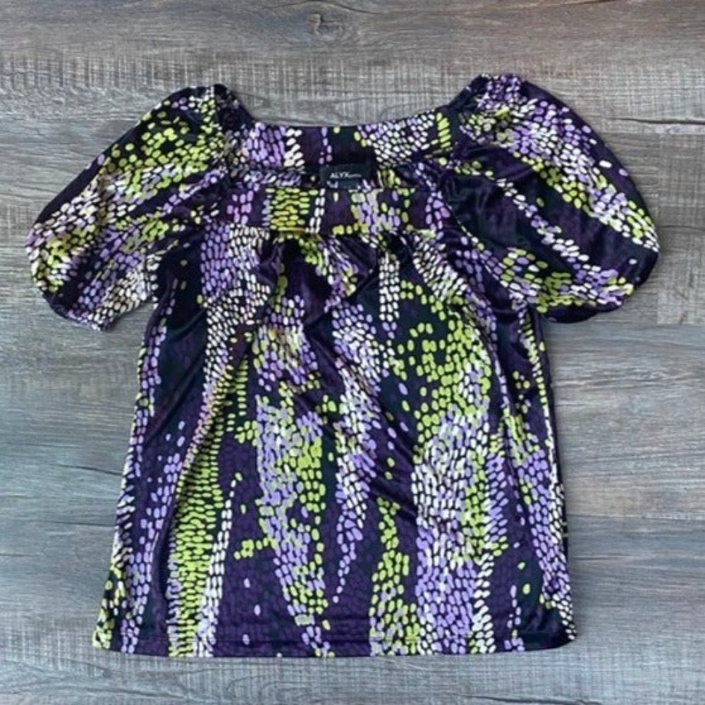 Purple and Green Patterned ALYX Women's Blouse Petite Size Small